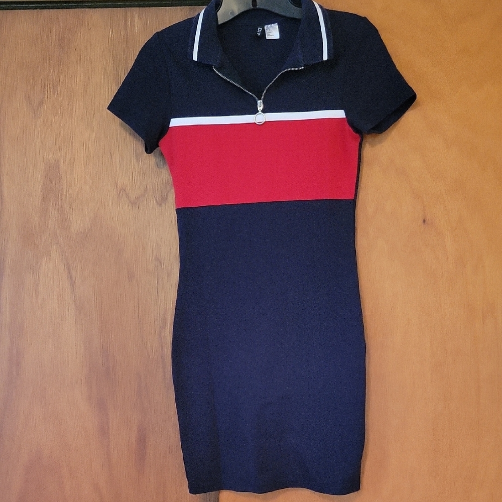 Divided Blue and Red Bodycon Polo Mini Dress